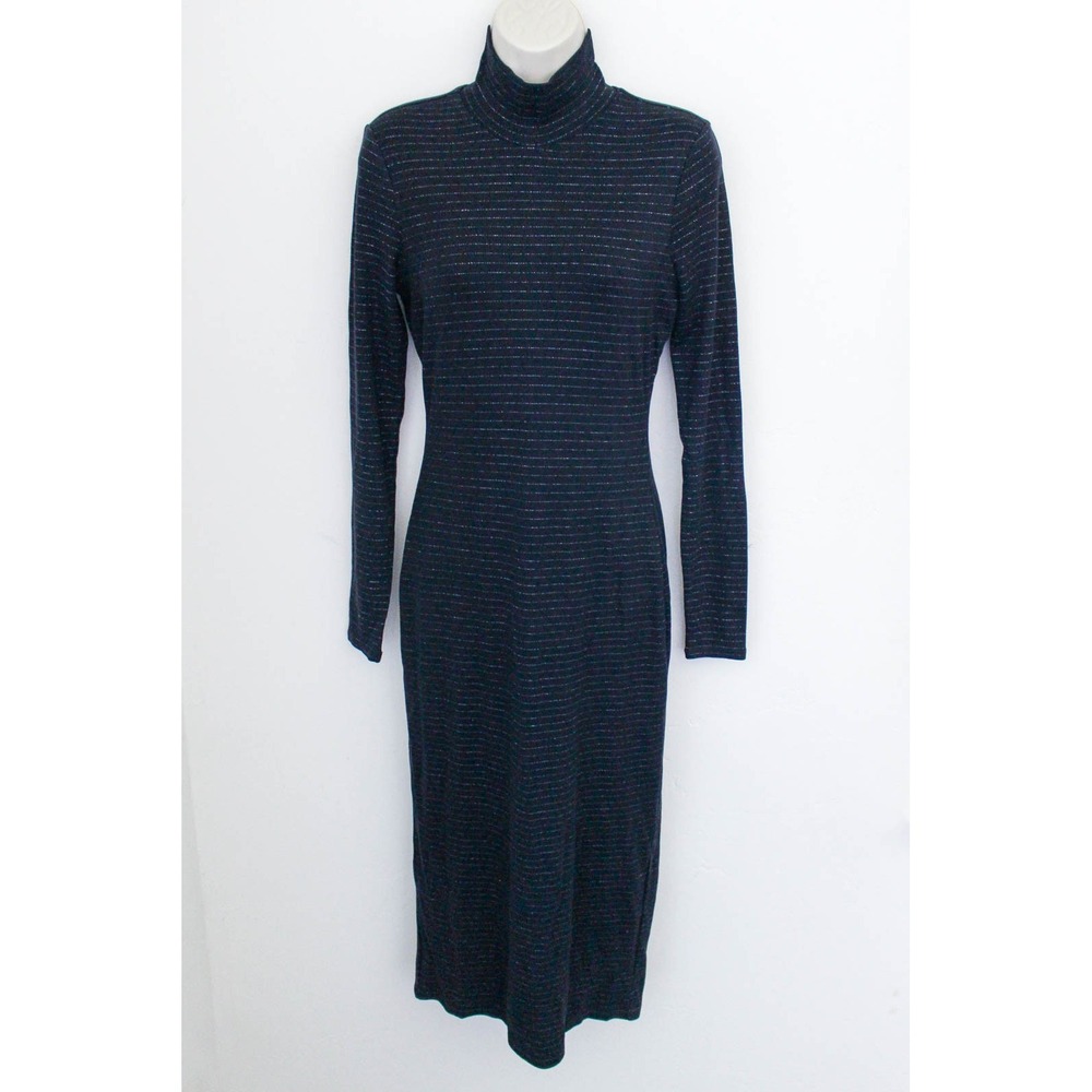Marine Layer Midi Dress Medium Blue Metallic Stripe Turtleneck Bodycon Pullover